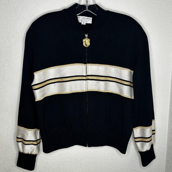 St. John Collection Sweater Womens Small Black White Gold Zip Cardigan Made USA - Picture 2 of 12